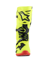 Alpinestars Tech 10 Boots, Motocross Boots, Yellow Fluo Black and Red Fluo, front-facing view, bright yellow fluorescent chassis with black TPU accents and buckle system, red sole, advanced off-road racing footwear