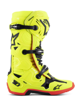 Alpinestars Tech 10 Boots, Motocross Racing Boots, Yellow Fluo with Black and Red accents, side profile view featuring triple buckle closure, reinforced shin plate, red high-traction sole, and DHCP heel protection, professional off-road motorcycle gear