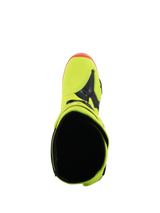 Alpinestars Tech 10 Boots, Motocross Boots, Yellow Fluo Black and Red Fluo, Top-down view showing the interior opening and toe box, vibrant neon colors with black accents, professional off-road racing footwear.