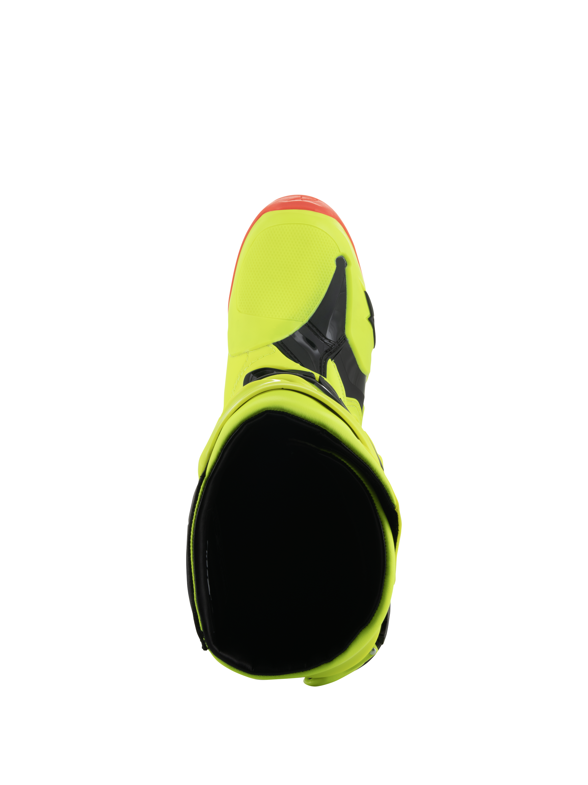 Alpinestars Tech 10 Boots, Motocross Boots, Yellow Fluo Black and Red Fluo, Top-down view showing the interior opening and toe box, vibrant neon colors with black accents, professional off-road racing footwear.