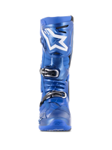 Alpinestars Tech 10 Motocross Boots, Blue and Black, front view, featuring white Astars logo on the shin plate, black and silver triple buckle closure system, durable TPU shell construction for off-road performance
