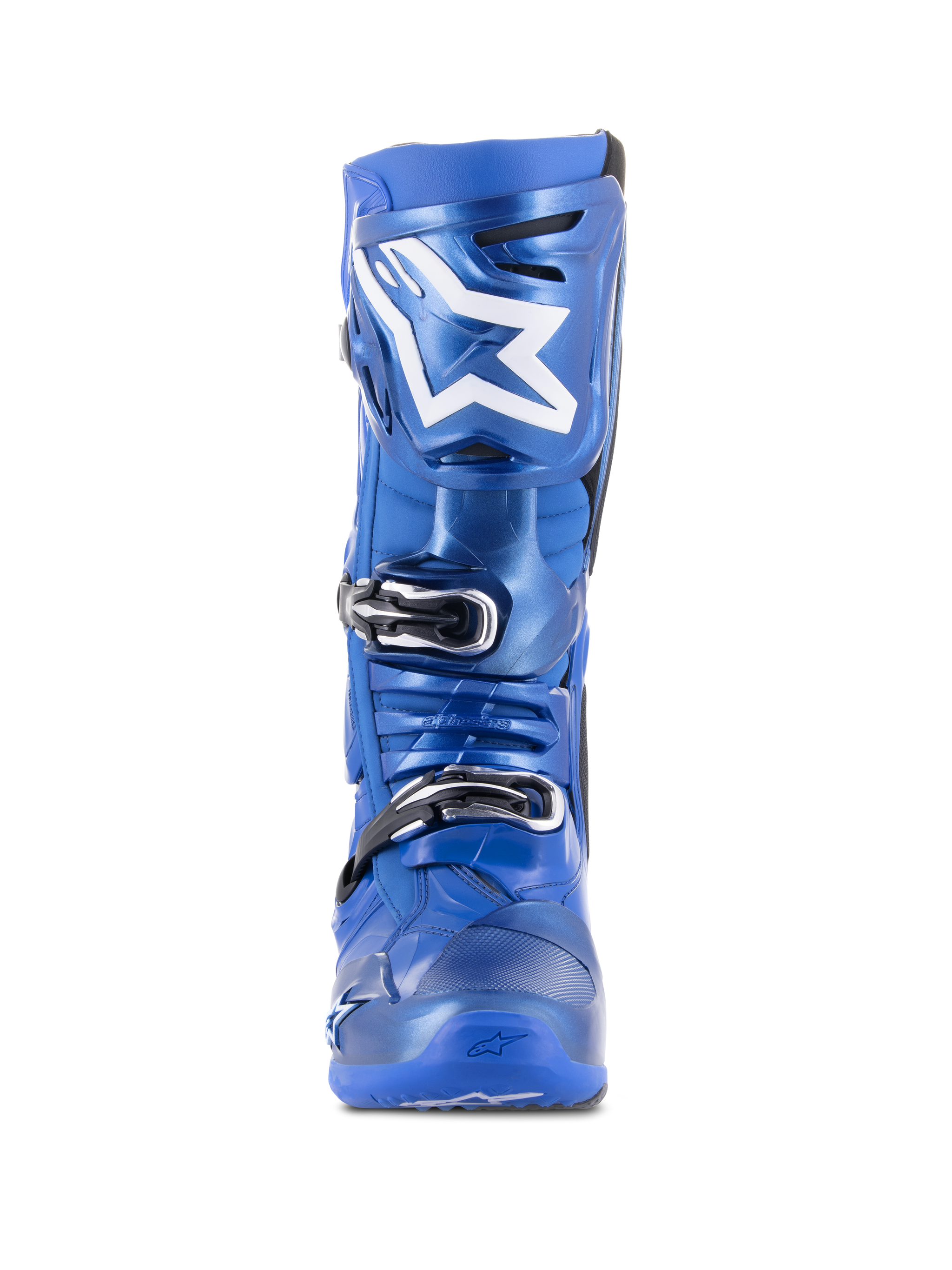 Alpinestars Tech 10 Motocross Boots, Blue and Black, front view, featuring white Astars logo on the shin plate, black and silver triple buckle closure system, durable TPU shell construction for off-road performance
