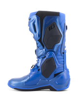 Alpinestars Tech 10 Boots, Motocross Boots, Metallic Blue and Black, side profile view showing black protective panels and metallic blue finish, advanced technical design for professional motocross racing