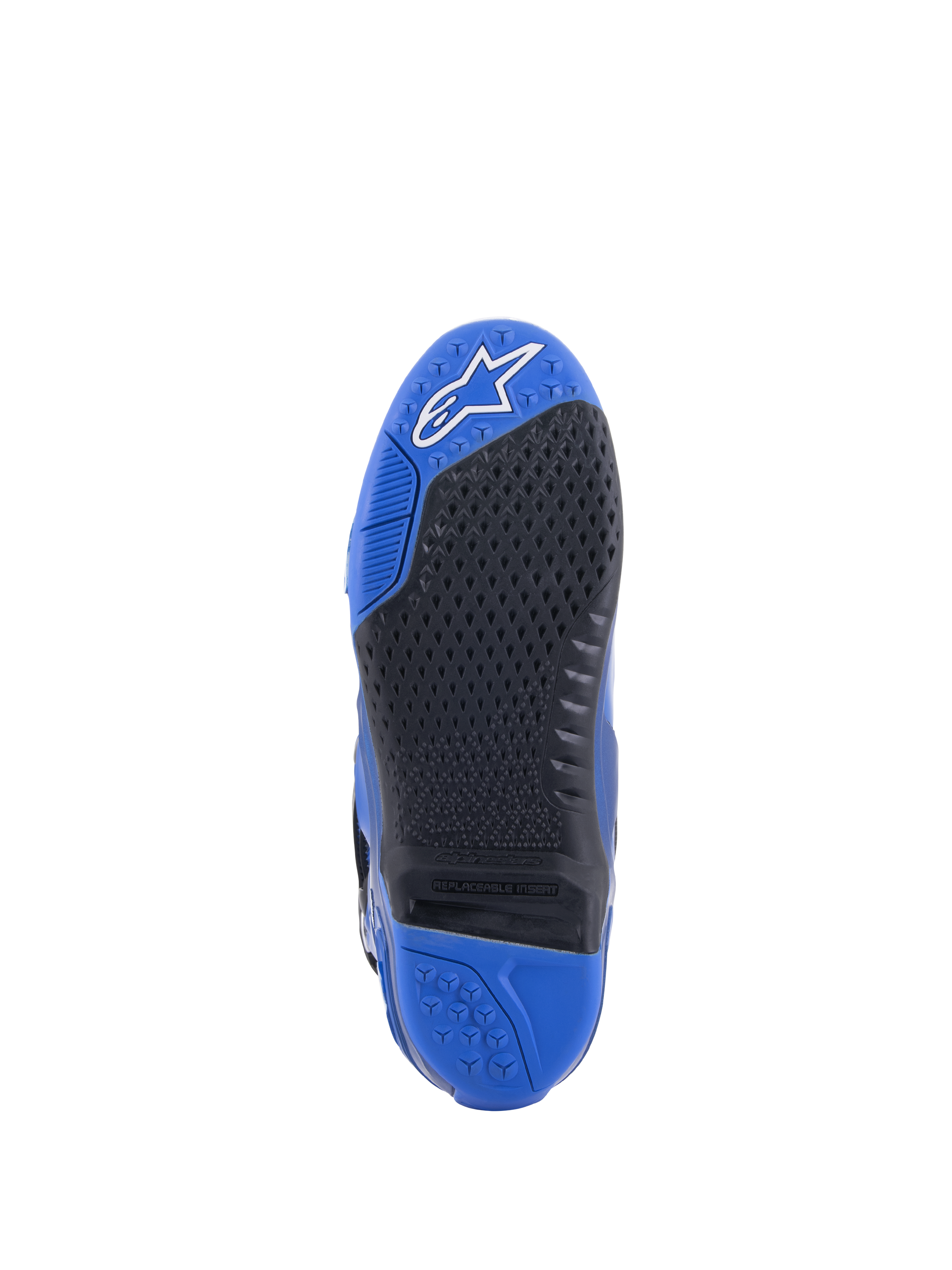 Alpinestars Tech 10 Boots, Blue and Black, detailed view of the sole, featuring a textured black grip pattern with a replaceable central insert, blue toe with white logo, and blue heel, high-performance motocross boot design