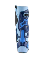 Alpinestars Limited Edition Steeler Tech 10 Boot, rear view in light blue and sapphire blue, featuring TPU protection for motocross.