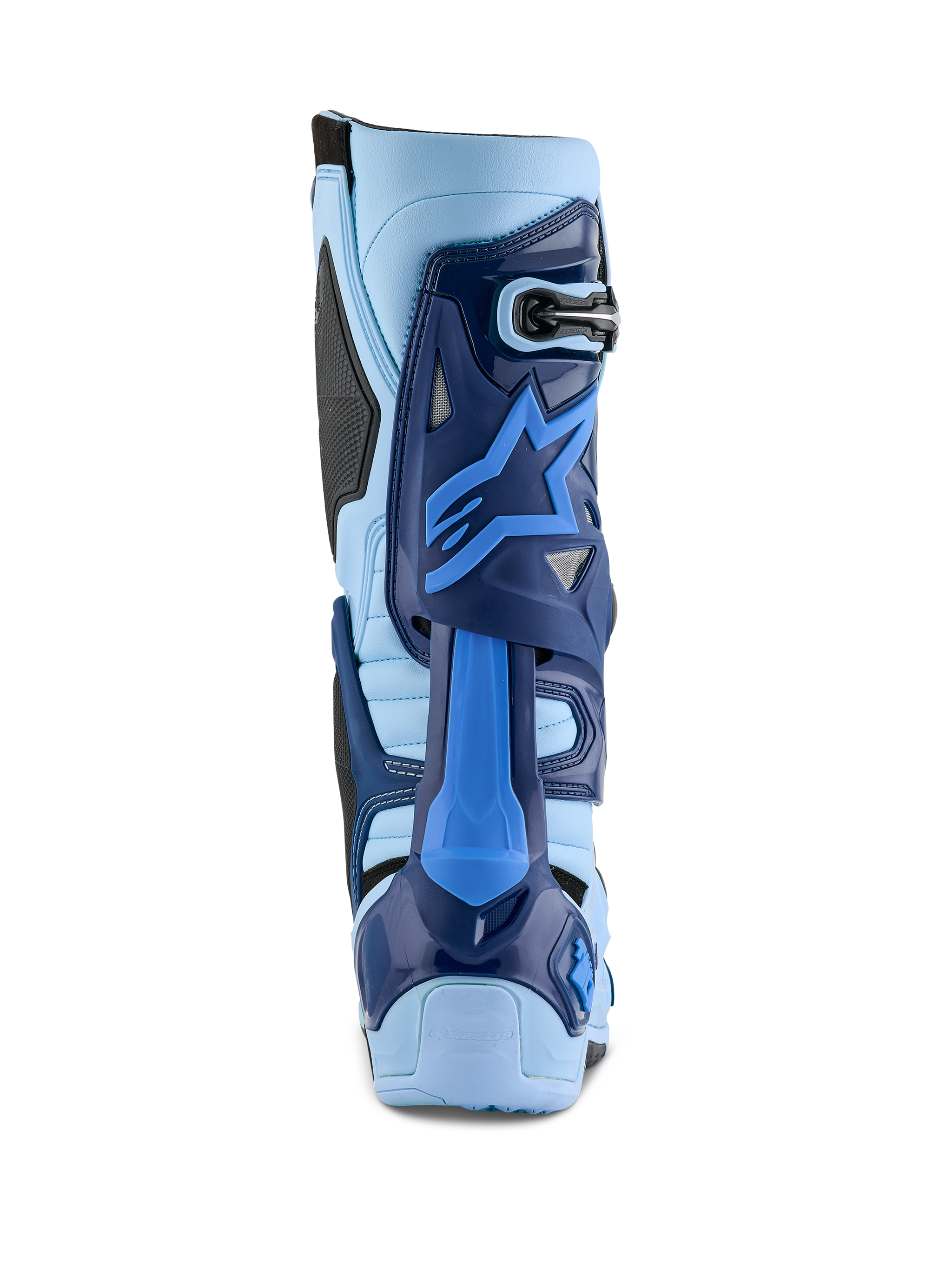 Alpinestars Limited Edition Steeler Tech 10 Boot, rear view in light blue and sapphire blue, featuring TPU protection for motocross.