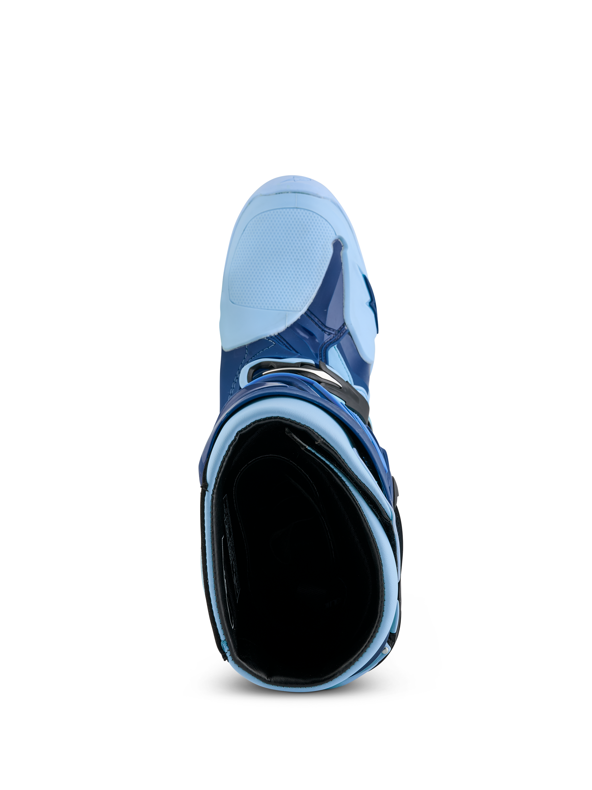 Alpinestars Limited Edition Steeler Tech 10 Motocross Boots, sapphire and light blue, top-down view of the protective opening.