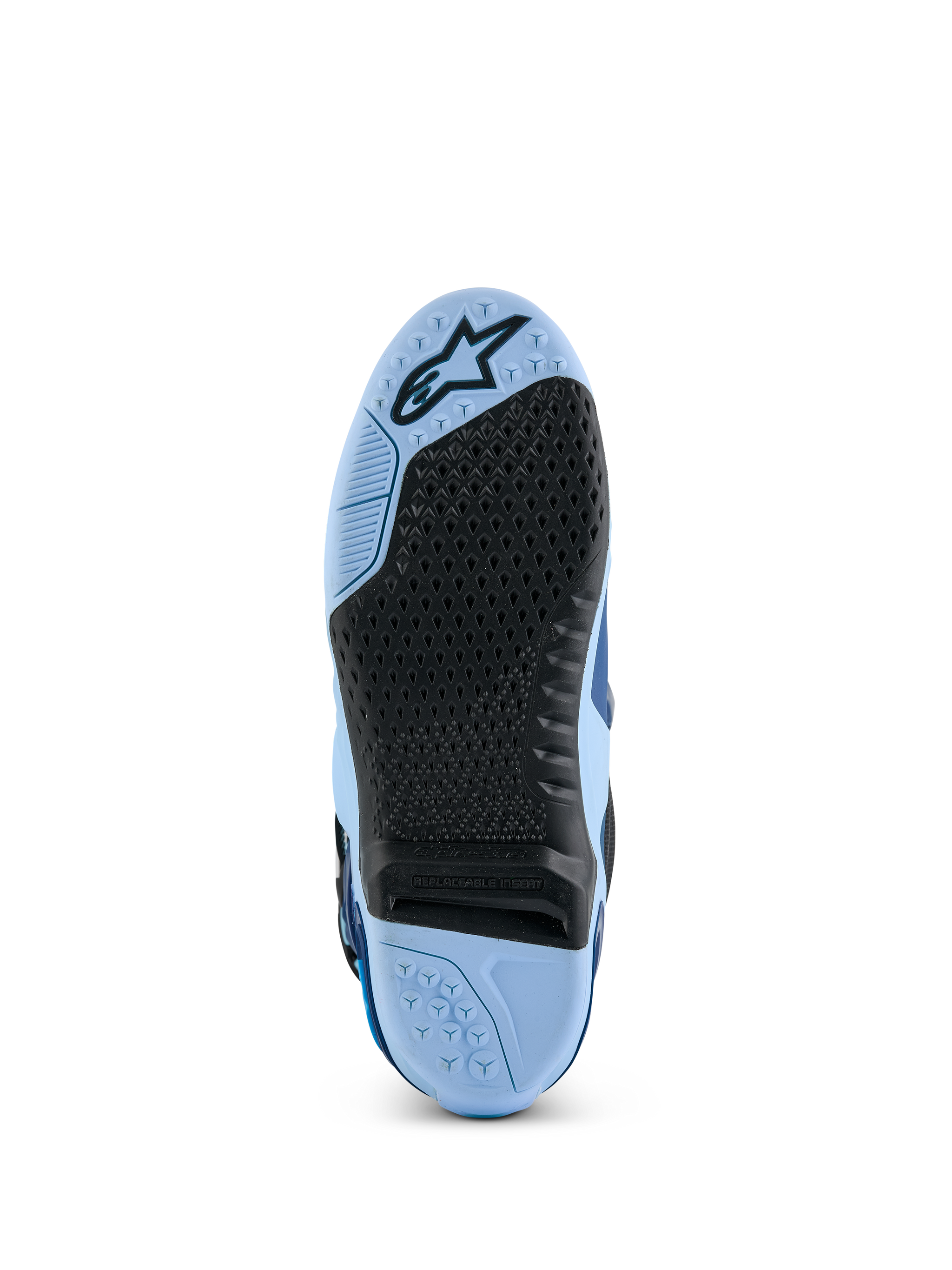 Alpinestars Limited Edition Steeler Tech 10 Motocross Boot sole, Light Blue and Black, with replaceable central grip insert.