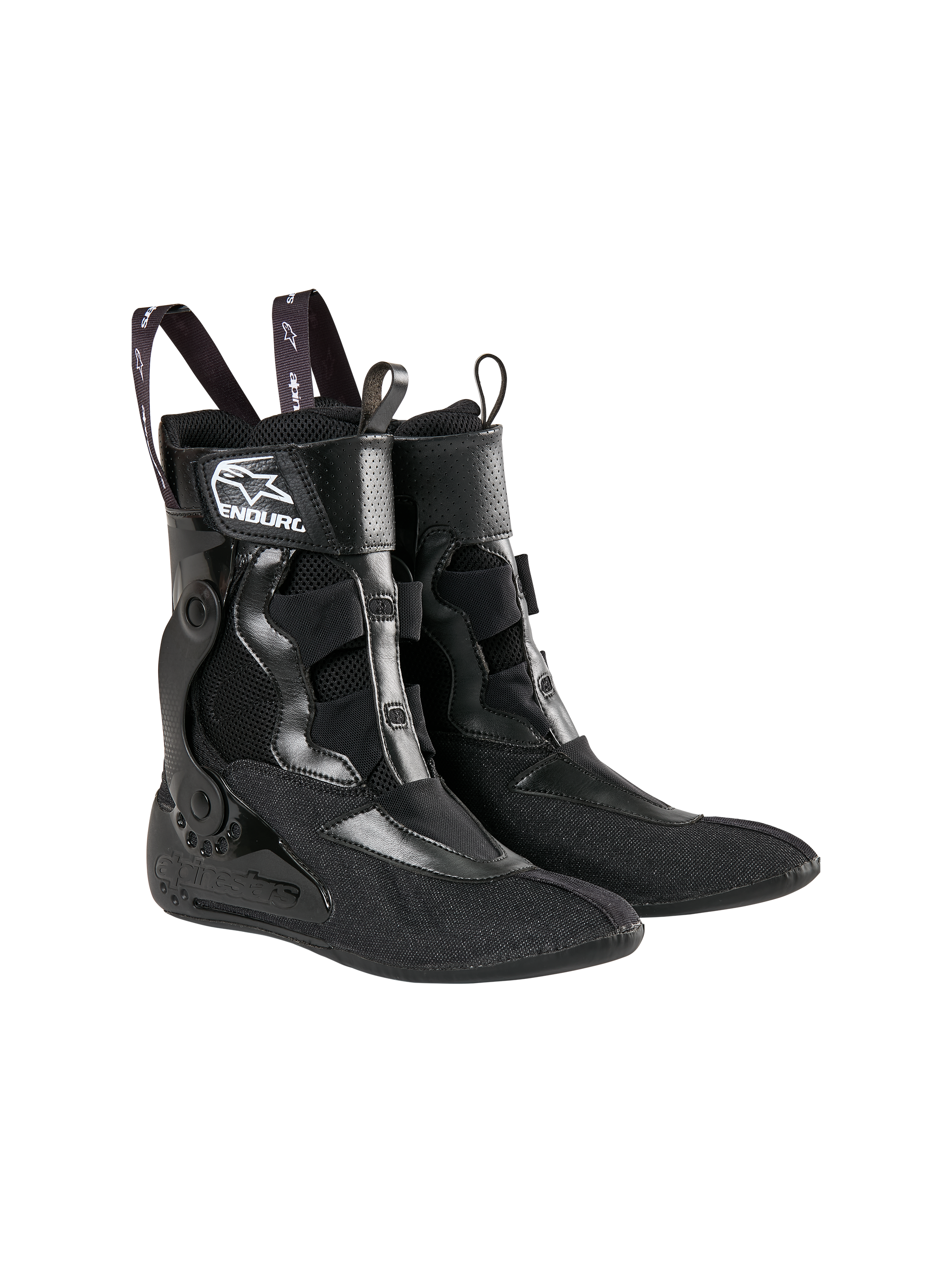 Alpinestars Tech 10 Enduro Inner Booties, black technical footwear inserts, featuring mesh and synthetic construction, Alpinestars and Enduro branding on the ankle, pull tabs for easy entry, designed for motocross and enduro racing support