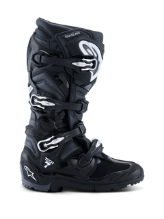 Alpinestars 2026 Tech 7 Enduro Boots, Black Anthracite White, specialized off-road motorcycle boots featuring a four-buckle closure system, durable PU-reinforced microfiber upper, and a rugged lugged sole for enduro terrain, sleek design with prominent Tech 7 branding on the heel.