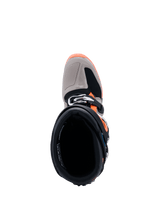 Alpinestars 2026 Tech 7 Enduro Boots, top-down view looking into the boot opening, Black Warm Gray and Orange Fluo, showing the buckle closure and reinforced toe box, professional-grade off-road motorcycle footwear