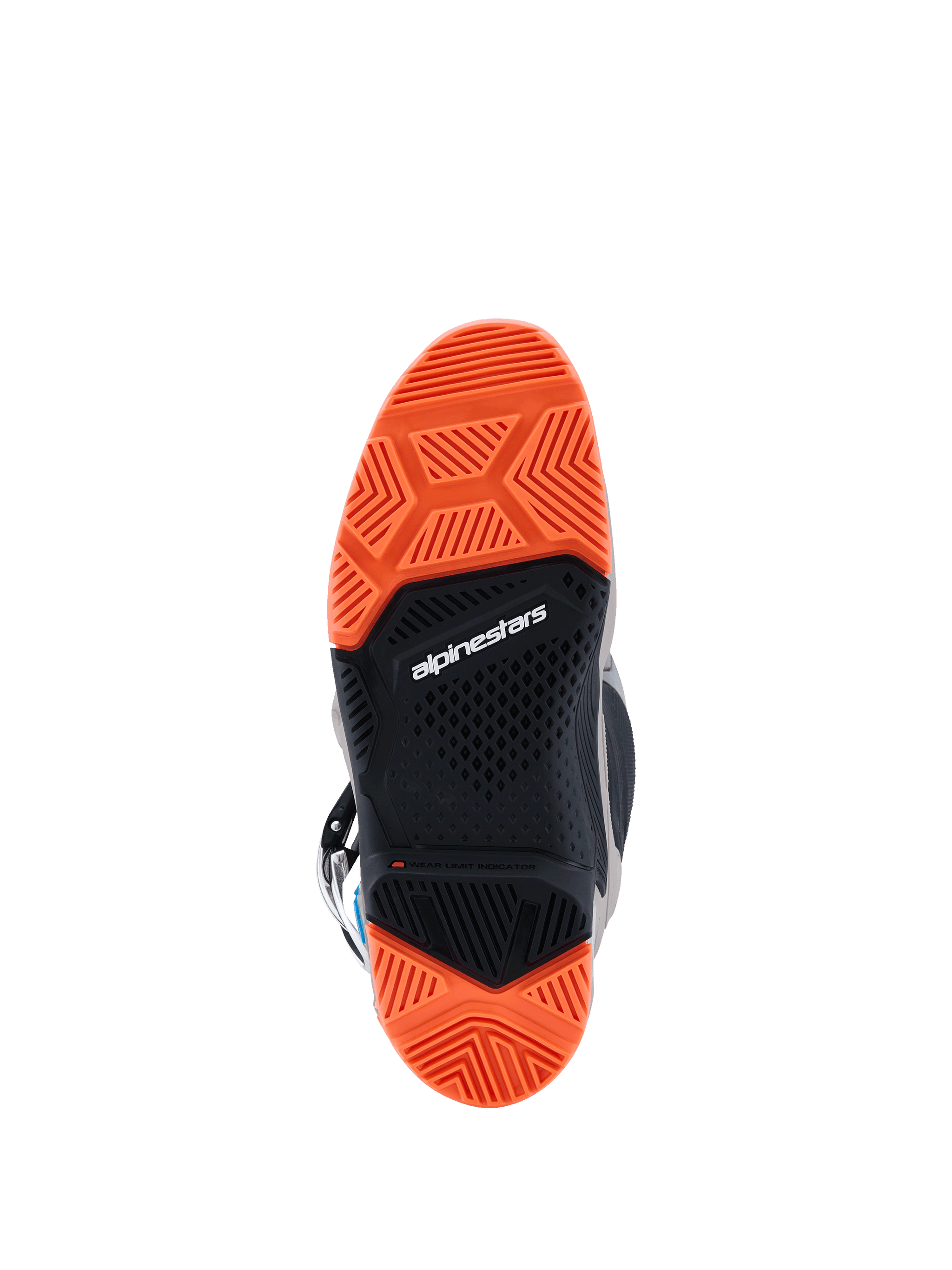 Alpinestars 2026 Tech 7 Enduro Boots, bottom view of the specialized dual-compound sole, Black and Orange Fluo, intricate tread patterns for superior off-road grip, featuring Alpinestars branding and wear limit indicator.