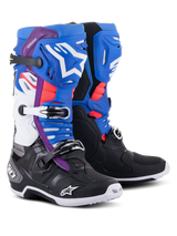 Alpinestars Tech 10 Supervented Boots, Motocross Boots, Black Enamel Blue Purple and White, featuring ventilated shin plates with white Alpinestars branding, red mesh accents, and secure buckle closures for off-road performance.