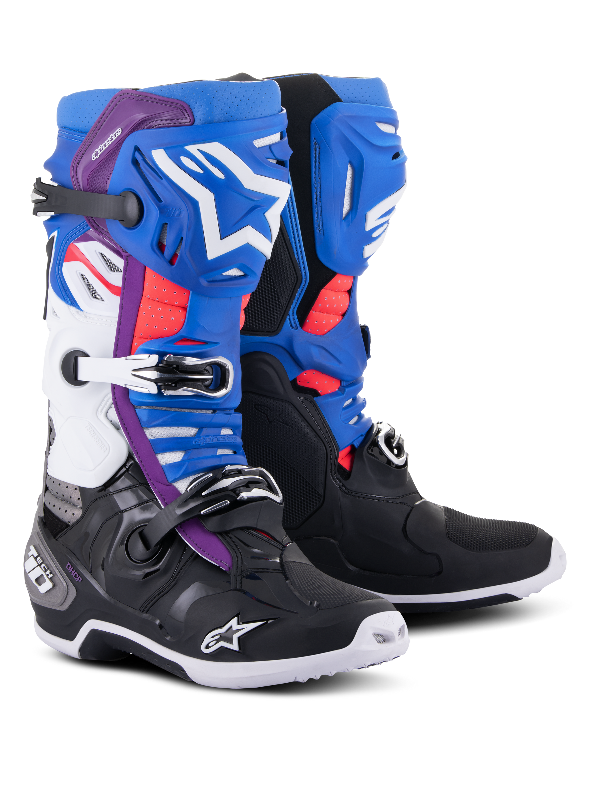 Alpinestars Tech 10 Supervented Boots, Motocross Boots, Black Enamel Blue Purple and White, featuring ventilated shin plates with white Alpinestars branding, red mesh accents, and secure buckle closures for off-road performance.