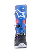Alpinestars Tech 10 Supervented Boots, Motocross Boots, Black Enamel Blue Purple White, front-facing view featuring blue shin plate with white star logo, chrome-accented buckles, and ventilated construction for off-road racing.