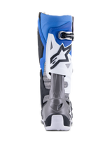Alpinestars Tech 10 Supervented Boots, Motocross Boots, Black Enamel Blue Purple White, rear view featuring perforated microfiber for ventilation, blue and white upper with gray heel protection, high-performance off-road racing gear.