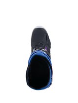 Alpinestars Tech 10 Supervented Boots, top-down view looking into the boot opening, Black Enamel Blue Purple White colorway, showing the 3D mesh lining and blue gaiter, high-performance motocross footwear