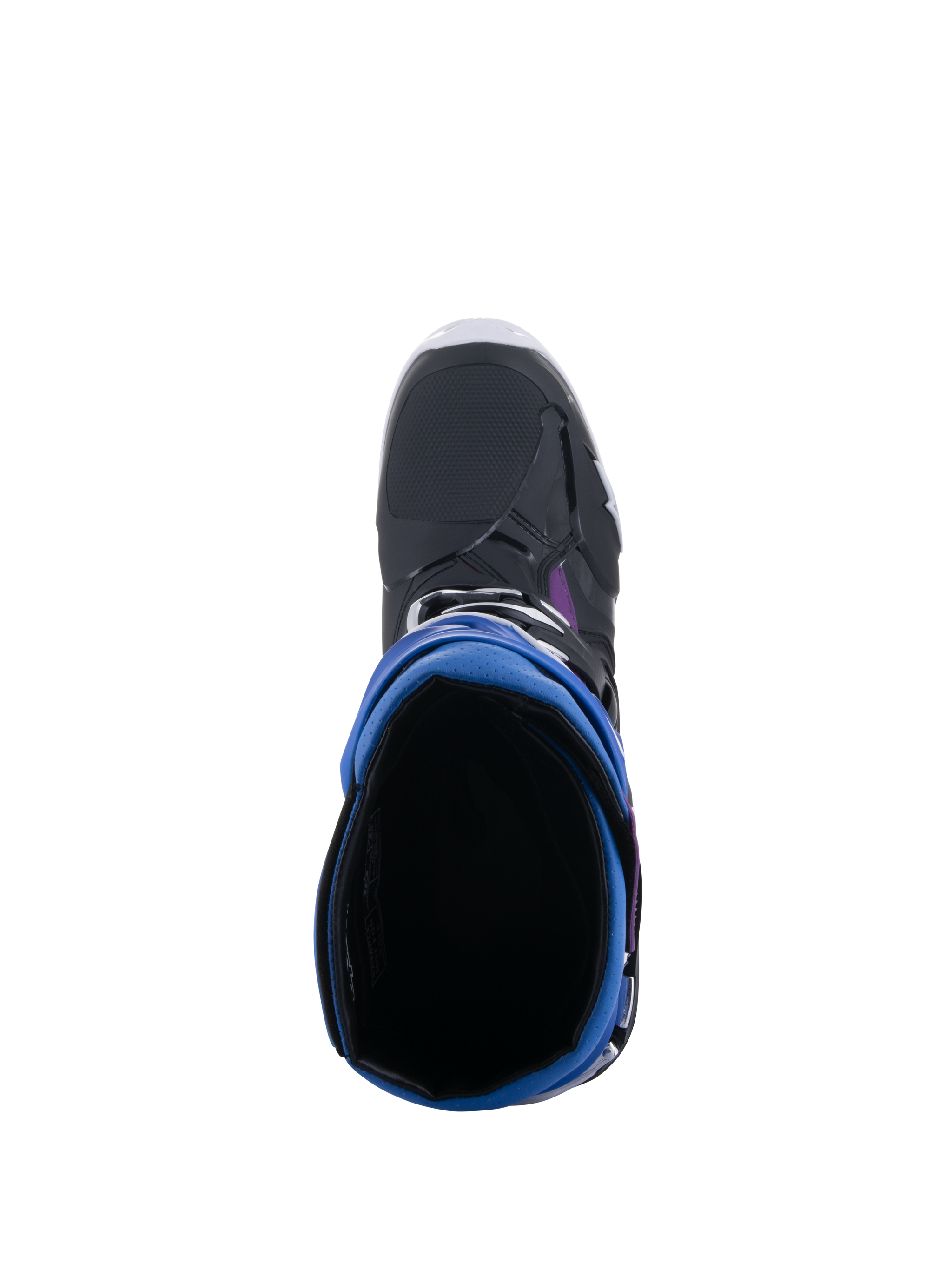 Alpinestars Tech 10 Supervented Boots, top-down view looking into the boot opening, Black Enamel Blue Purple White colorway, showing the 3D mesh lining and blue gaiter, high-performance motocross footwear