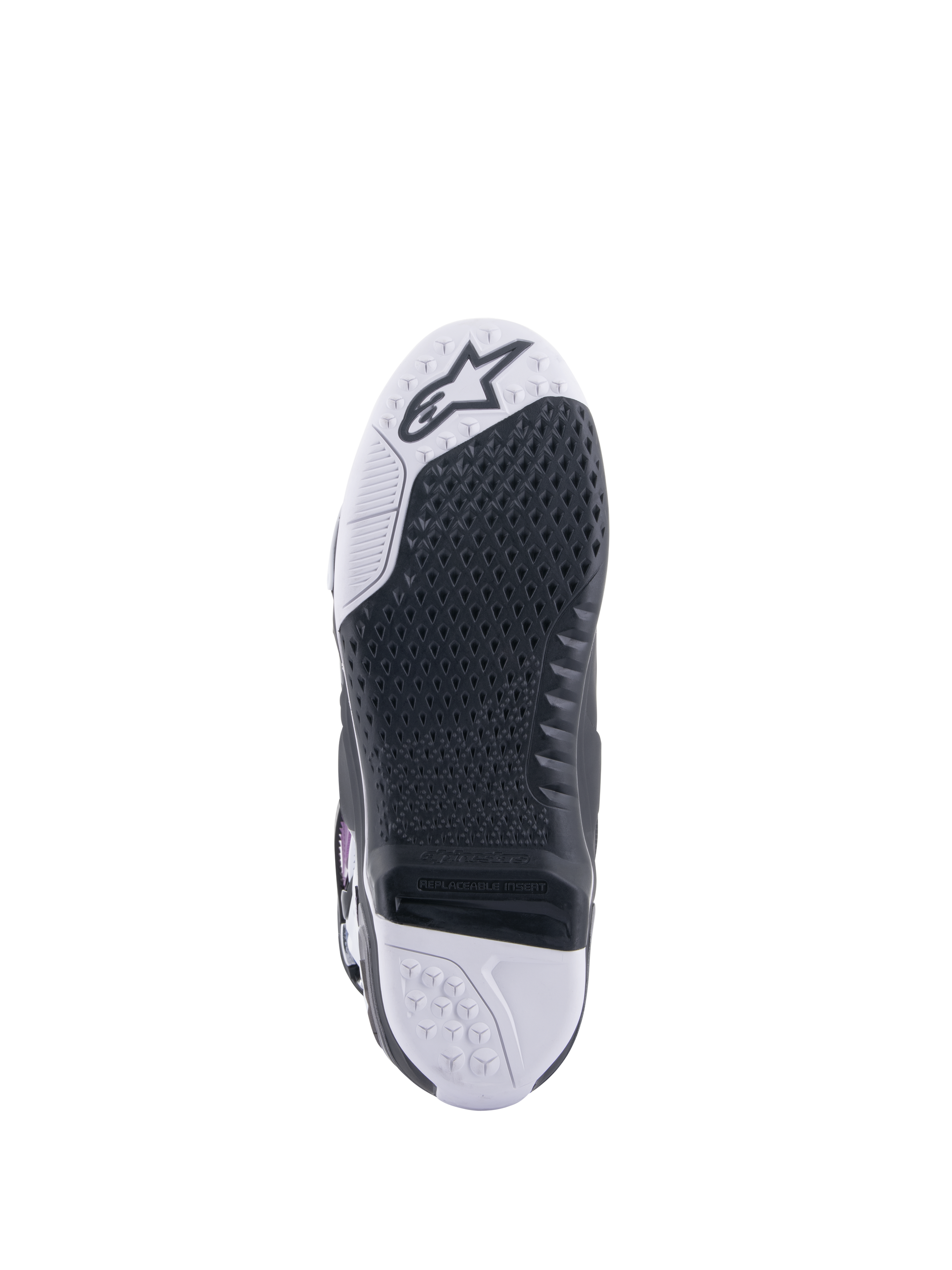 Alpinestars Tech 10 Supervented Boots, Motocross Boots, bottom sole view, black honeycomb grip pattern on white and black base, replaceable central insert, featuring the Alpinestars logo on the toe