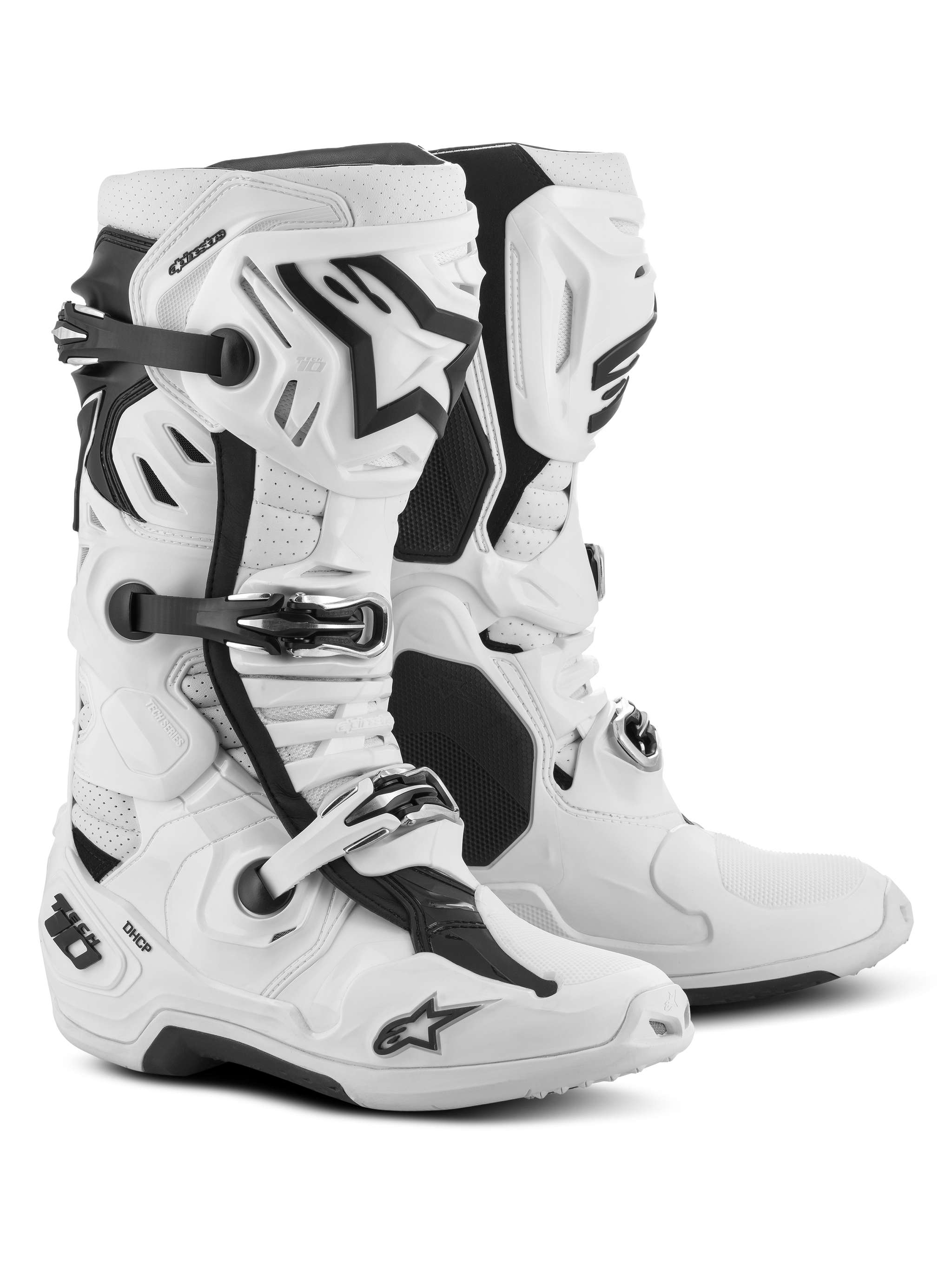 Alpinestars Tech 10 Supervented Boots, Motocross Boots, White, featuring front air inlet ports, ventilated shin plate, and adjustable buckle system, high-performance off-road racing footwear