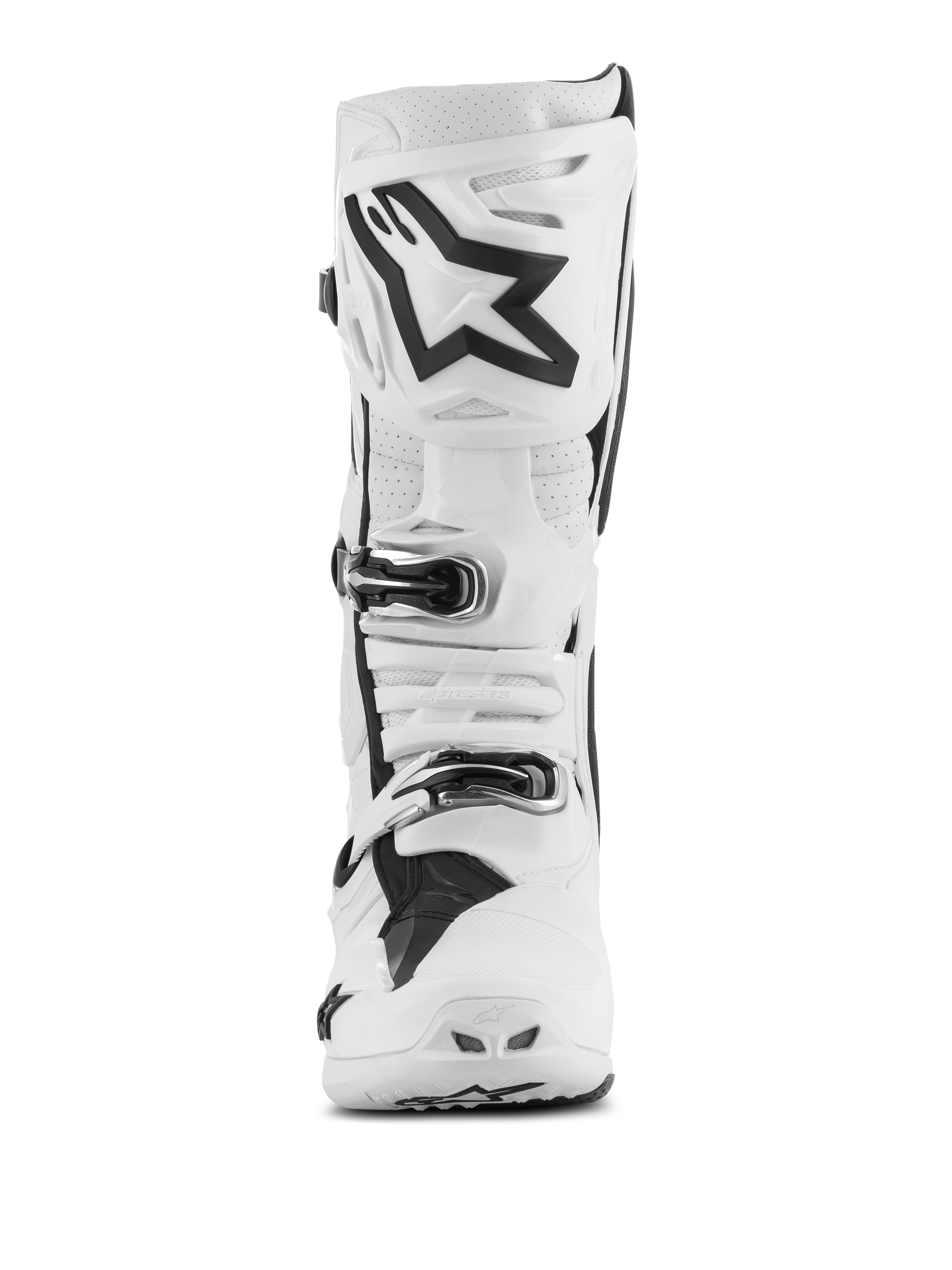 Alpinestars Tech 10 Supervented Boots, Motocross Boots, White with black accents, front view showing large black Astar logo on the shin plate, buckle closure system, and perforated sections for ventilation.