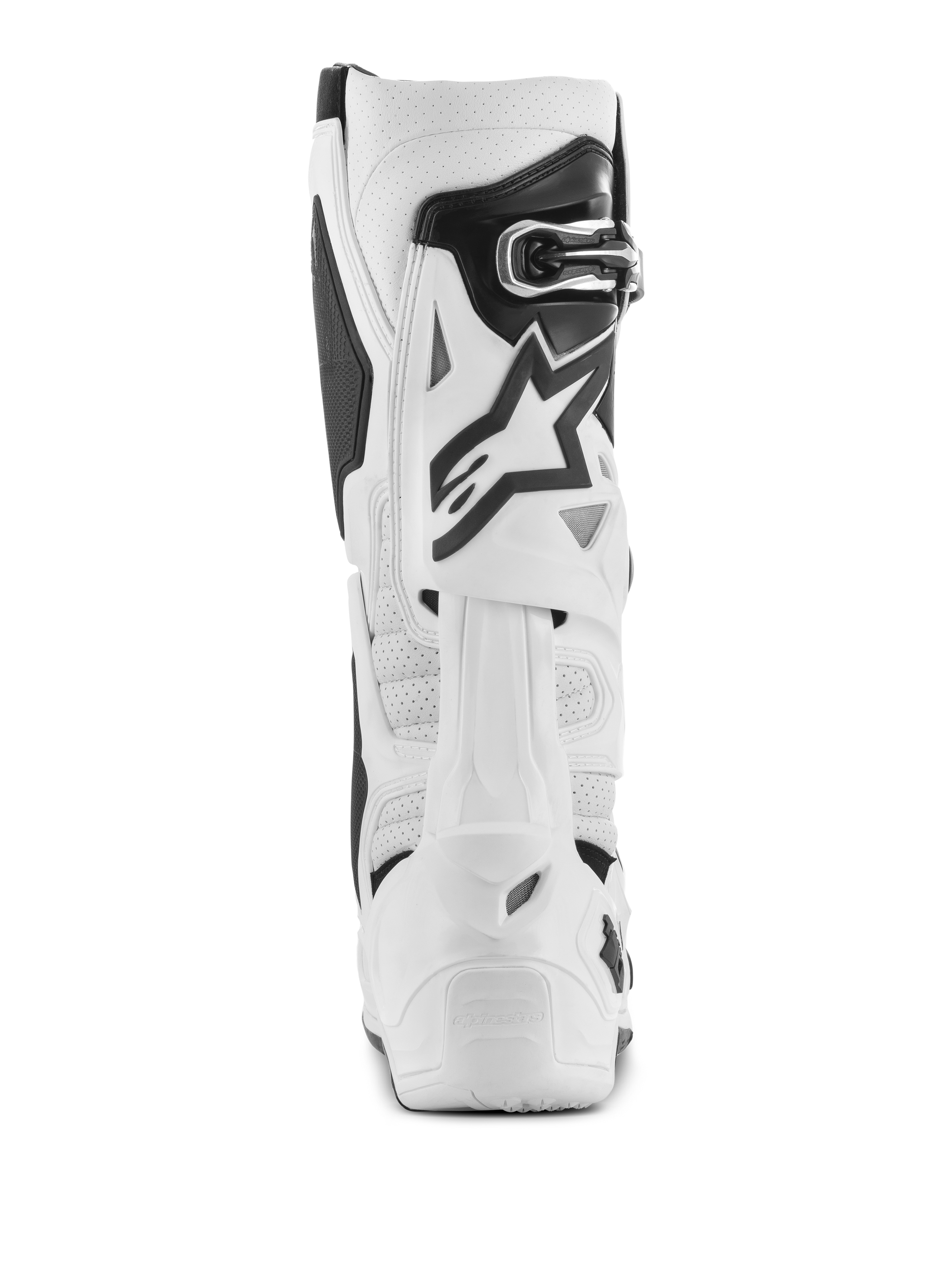 Alpinestars Tech 10 Supervented Boots, White Motocross Boots, Rear view featuring perforated microfiber for airflow, white TPU rear blade system, black star logo, and secure buckle closure, high-performance off-road footwear