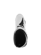 Alpinestars Tech 10 Supervented Boots, Motocross Boots, White and Black, top-down view showing the inner mesh lining and ventilated construction, professional protective footwear for motocross.