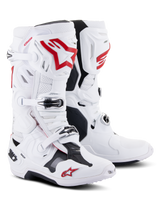 Alpinestars Tech 10 Supervented Boots, Motocross Boots, White and Bright Red, featuring perforated microfiber for airflow, prominent red Astars logos, black buckle closures, and a reinforced TPU chassis for off-road performance.