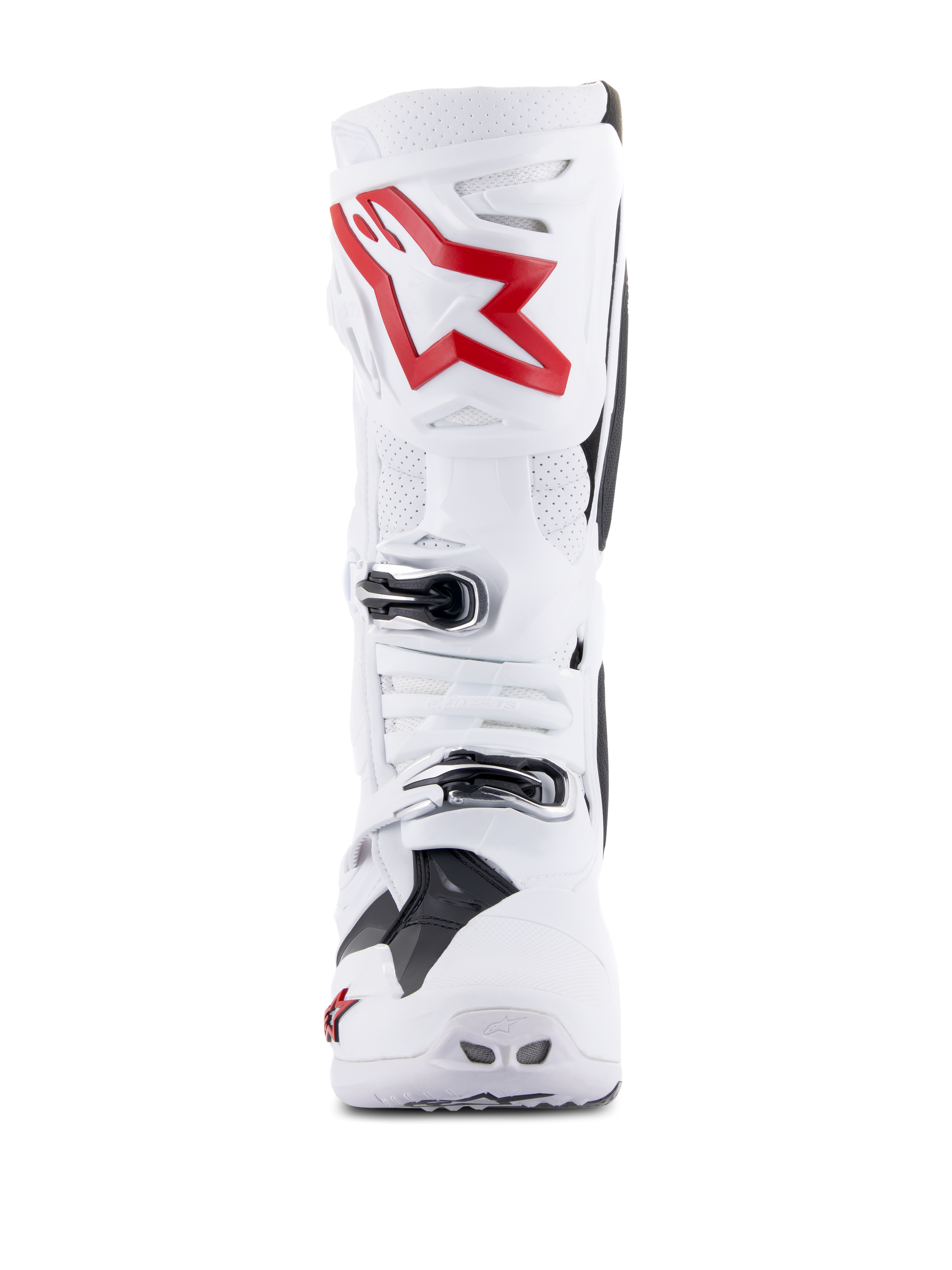 Alpinestars Tech 10 Supervented Boots, White and Bright Red, front view showing ventilated perforated panels, large red star logo on the shin plate, adjustable silver buckles, and high-performance motocross design.