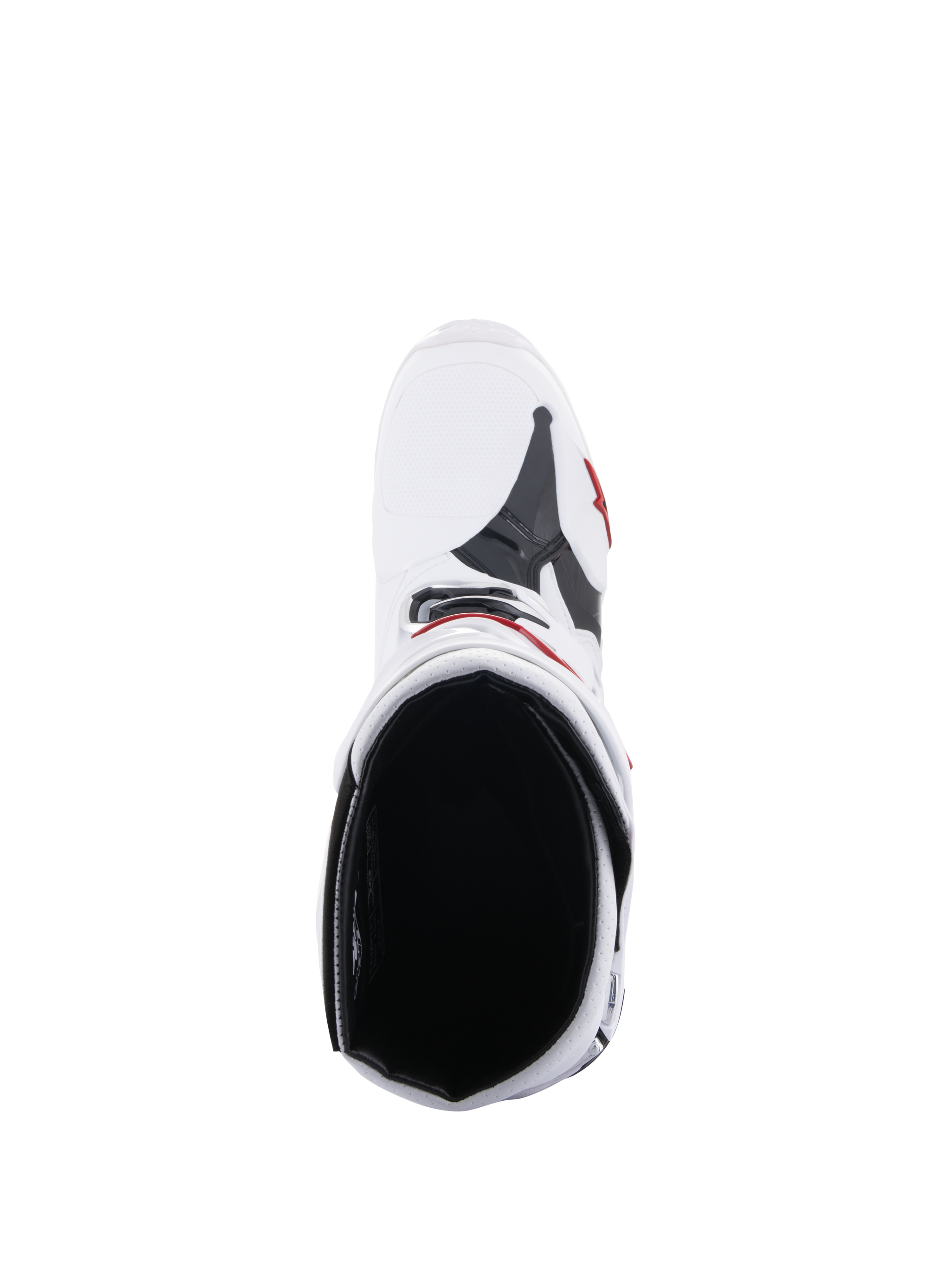 Alpinestars Tech 10 Supervented Boots, Motocross Boots, White and Bright Red, top-down view showing the interior mesh lining and ventilated upper construction, high-performance off-road racing gear