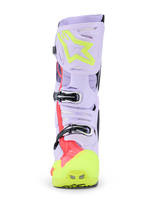 Alpinestars Tech 10 Supervented Boots, Motocross Boots, Purple Yellow Fluo and Diva Pink, front-facing view highlighting the buckle system and ventilated shin plate, professional-grade off-road footwear with perforated microfiber upper