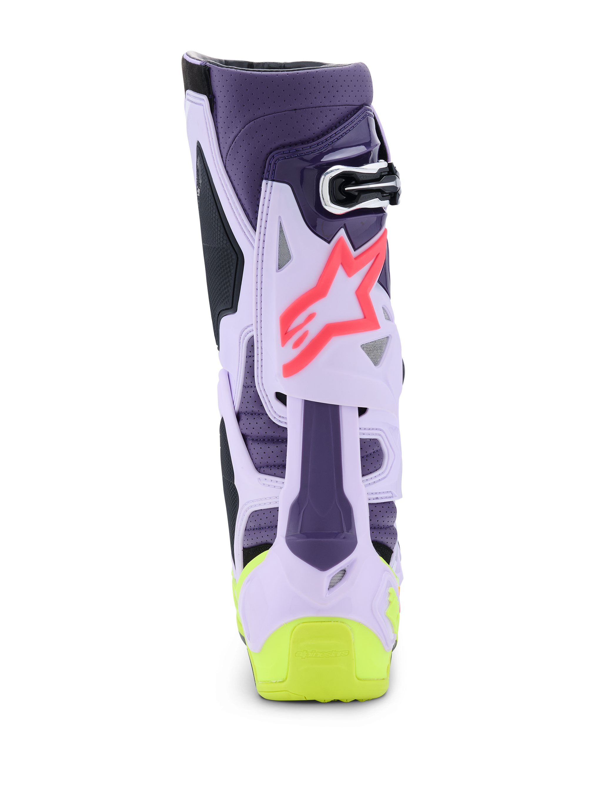 Alpinestars Tech 10 Supervented Boots, Rear View, Purple Yellow Fluo and Diva Pink colorway, featuring ventilated TPU structure, pink star logo, and bright yellow heel detail, professional-grade motocross footwear