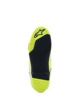 Alpinestars Tech 10 Supervented Boots, detailed sole view, Yellow Fluo and Black, featuring a honeycomb grip pattern, replaceable central insert, and textured surface for foot-peg traction