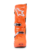 Alpinestars Tech 10 Supervented Boots, Orange Fluo Black White, front view of a single bright neon orange motocross boot, white Alpinestars star logo on the shin plate, mechanical buckles and perforated ventilation ports for off-road performance.