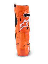 Alpinestars Tech 10 Supervented Boots, Orange Fluo Black White, rear view showing the back profile, rigid TPU shell with white Alpinestars logo, professional motocross performance footwear