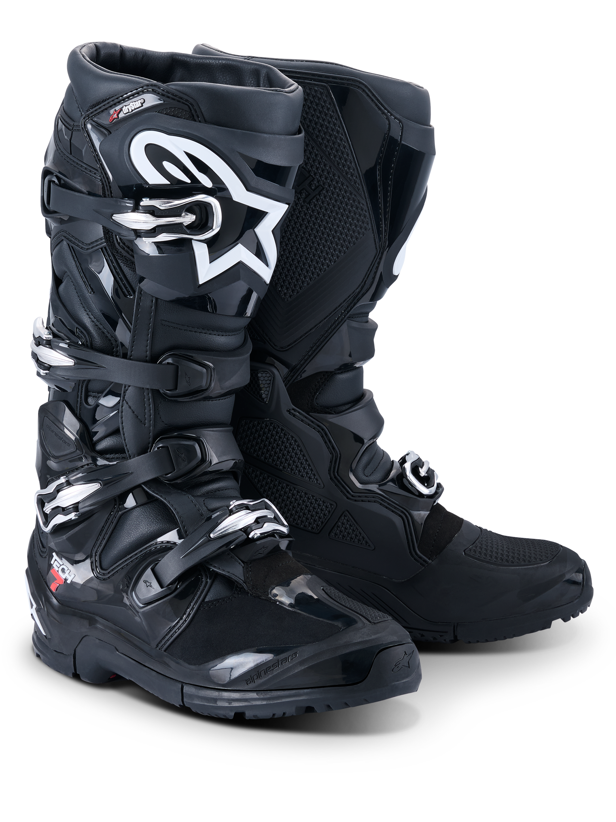 Alpinestars 2026 Tech 7 Enduro Drystar® Boots, professional motocross and enduro boots, Black, featuring a four-buckle closure system, white Astar logo on the shin, rugged TPU protection panels, and a specialized sole for off-road grip.