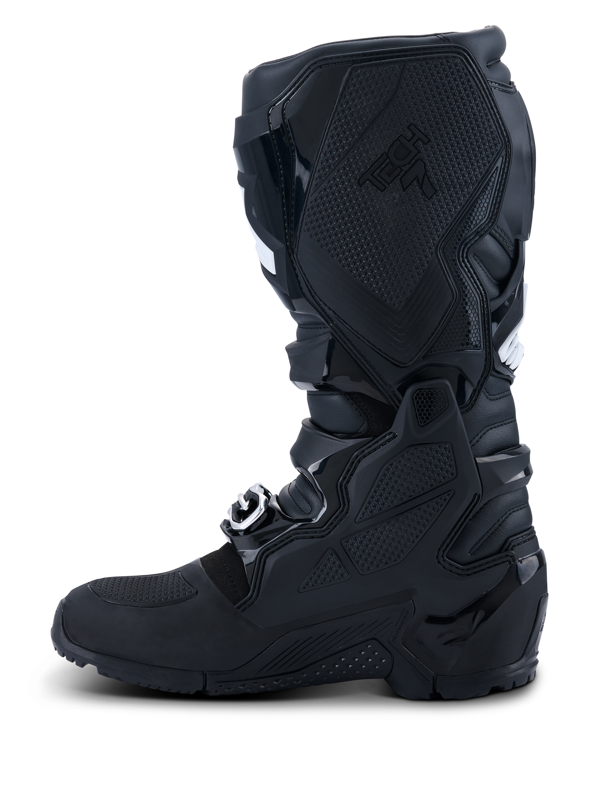 Alpinestars 2026 Tech 7 Enduro Drystar® Boots, Black, medial side profile view featuring extensive TPU shielding, dual-pivot system, and specialized textured grip panels for bike control, waterproof construction for off-road and enduro racing