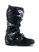 Alpinestars 2026 Tech 7 Enduro Drystar® Boots, Black off-road motorcycle boots, profile view featuring four silver buckle closures, rugged dual-compound enduro sole, and extensive TPU protection with matte and glossy black finishes.