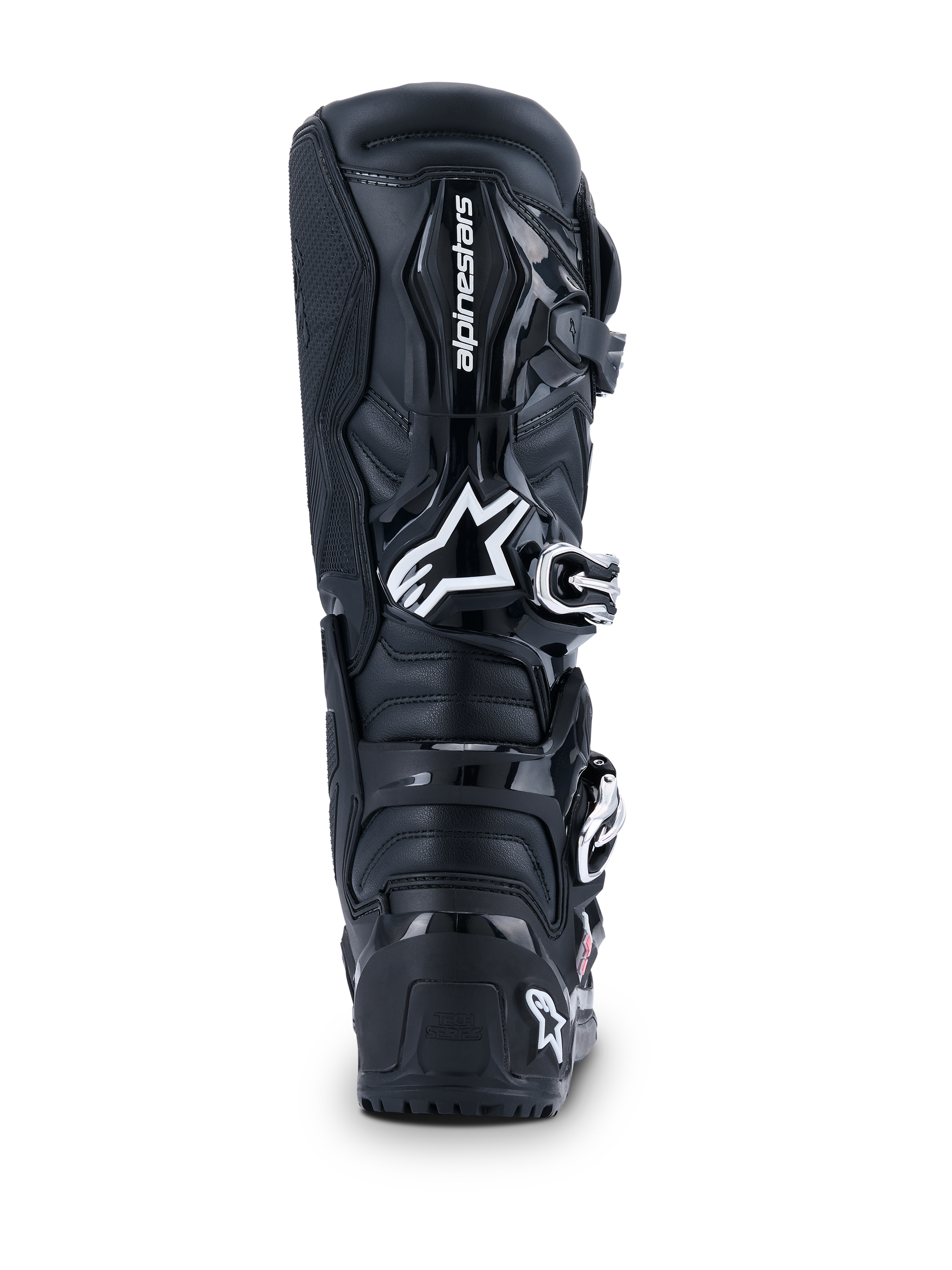 Alpinestars 2026 Tech 7 Enduro Drystar® Boots, Motocross Boots, Black, rear view featuring white Alpinestars logo on the calf, durable TPU protection panels, and rugged construction for off-road and enduro riding