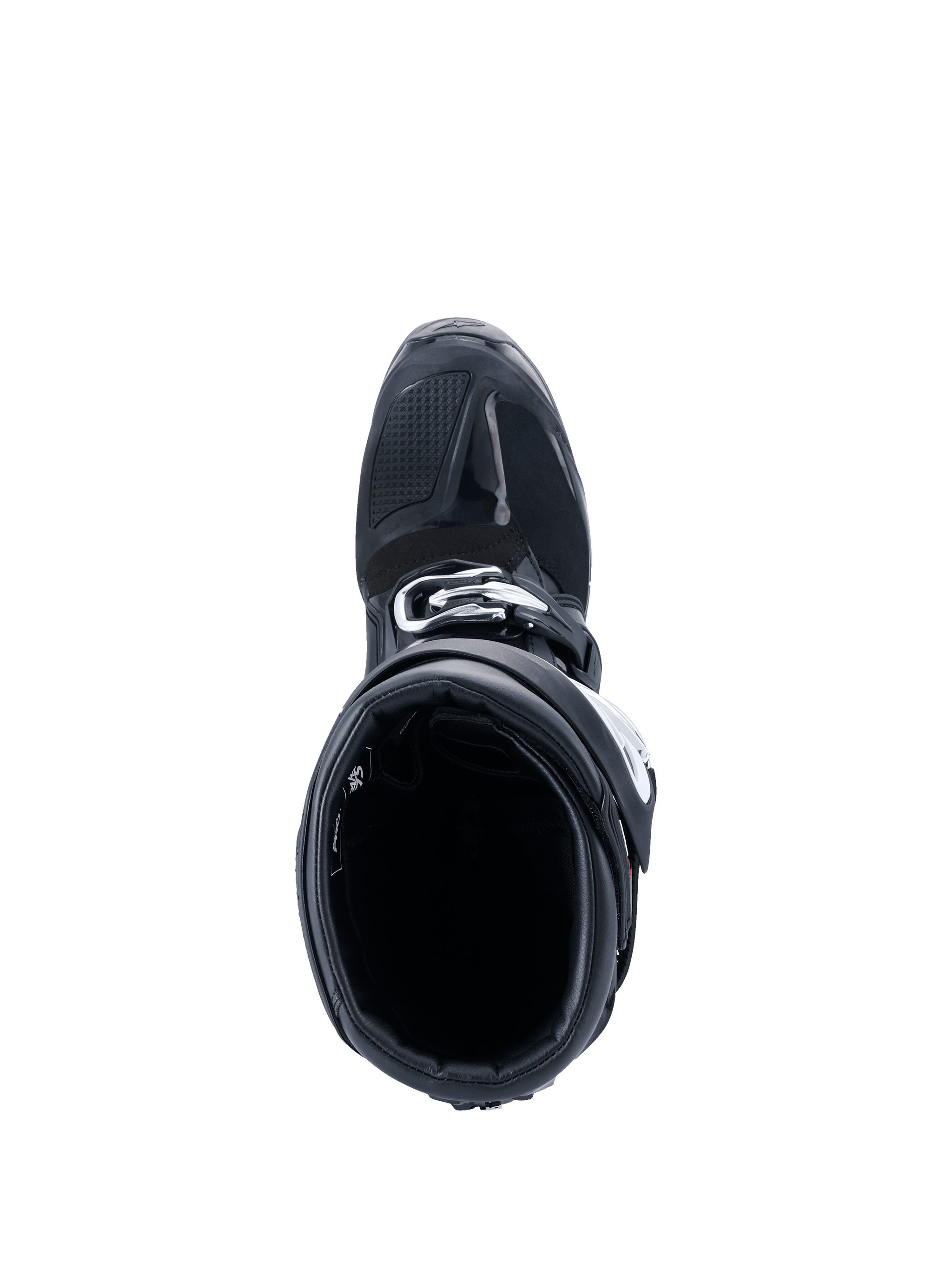 Alpinestars 2026 Tech 7 Enduro Drystar® Boots, Motocross Boots, Black, top-down view looking into the interior opening, showing the reinforced toe section and buckle closure, durable off-road protective gear