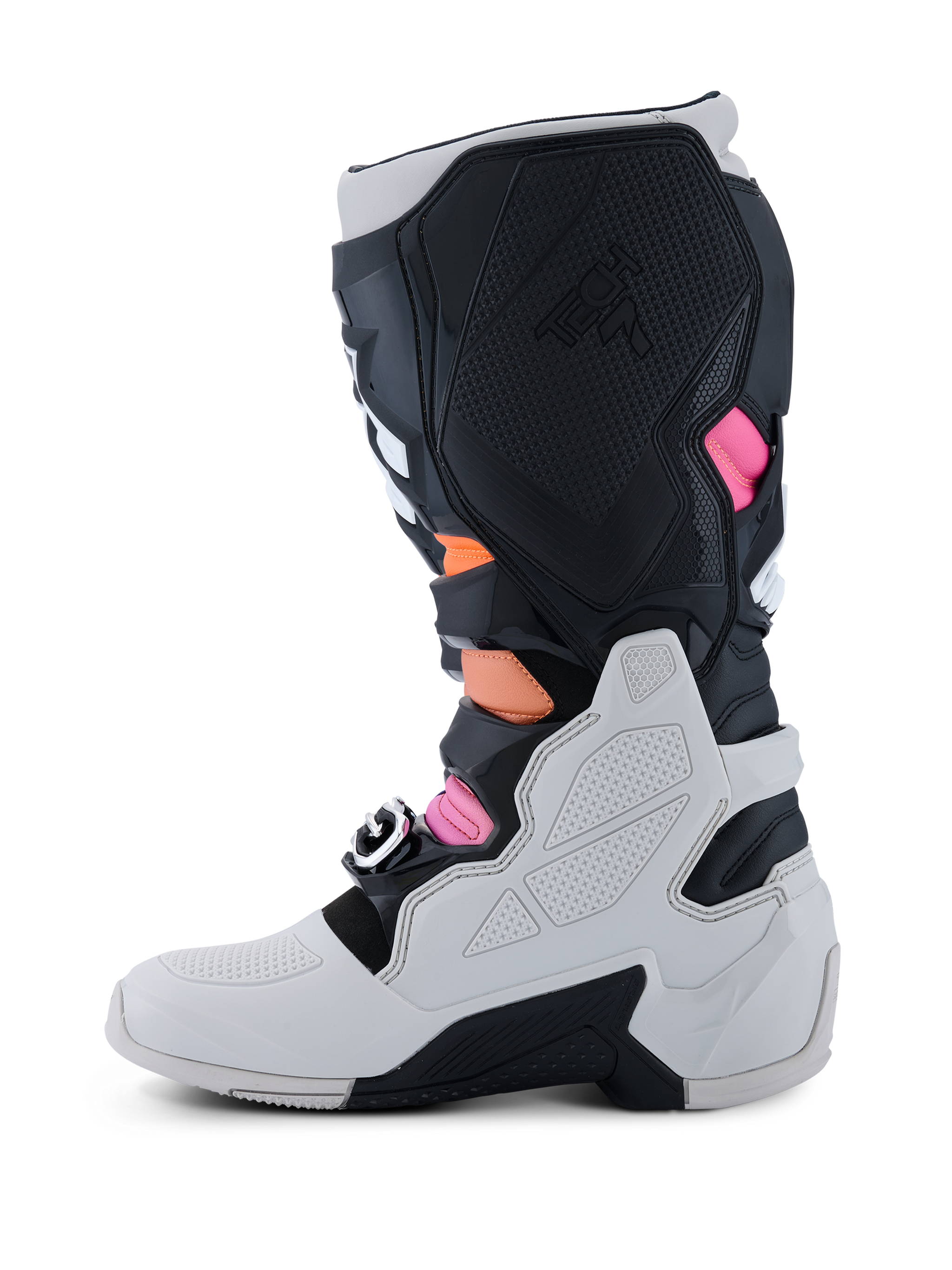 Alpinestars Tech 7 Boots, Motocross Boots, Black Light Gray Orange Fluo and Magenta, medial side profile featuring a light gray lower shell, black TPU panels with Tech 7 branding, and vibrant orange and magenta accents.