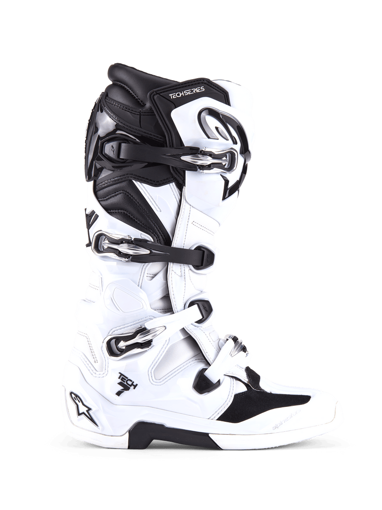 Alpinestars Tech 7 Boots, Motocross Off-Road Boots, White and Black, featuring four adjustable buckles and reinforced TPU shell, side profile of professional off-road footwear
