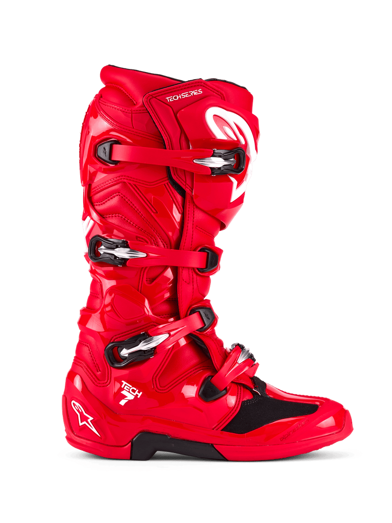 Alpinestars Tech 7 Boots, Motocross Boots, Bright Red, side profile view, featuring a four-buckle closure system, TPU protective shell, white Alpinestars logo and "Tech 7" branding, durable off-road racing footwear