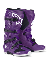 Alpinestars Tech 7 Boots, Motocross Boots, Purple, featuring black buckles and a large white Astars logo, high-performance protective design with four-strap closure and durable TPU shell for off-road dirt racing