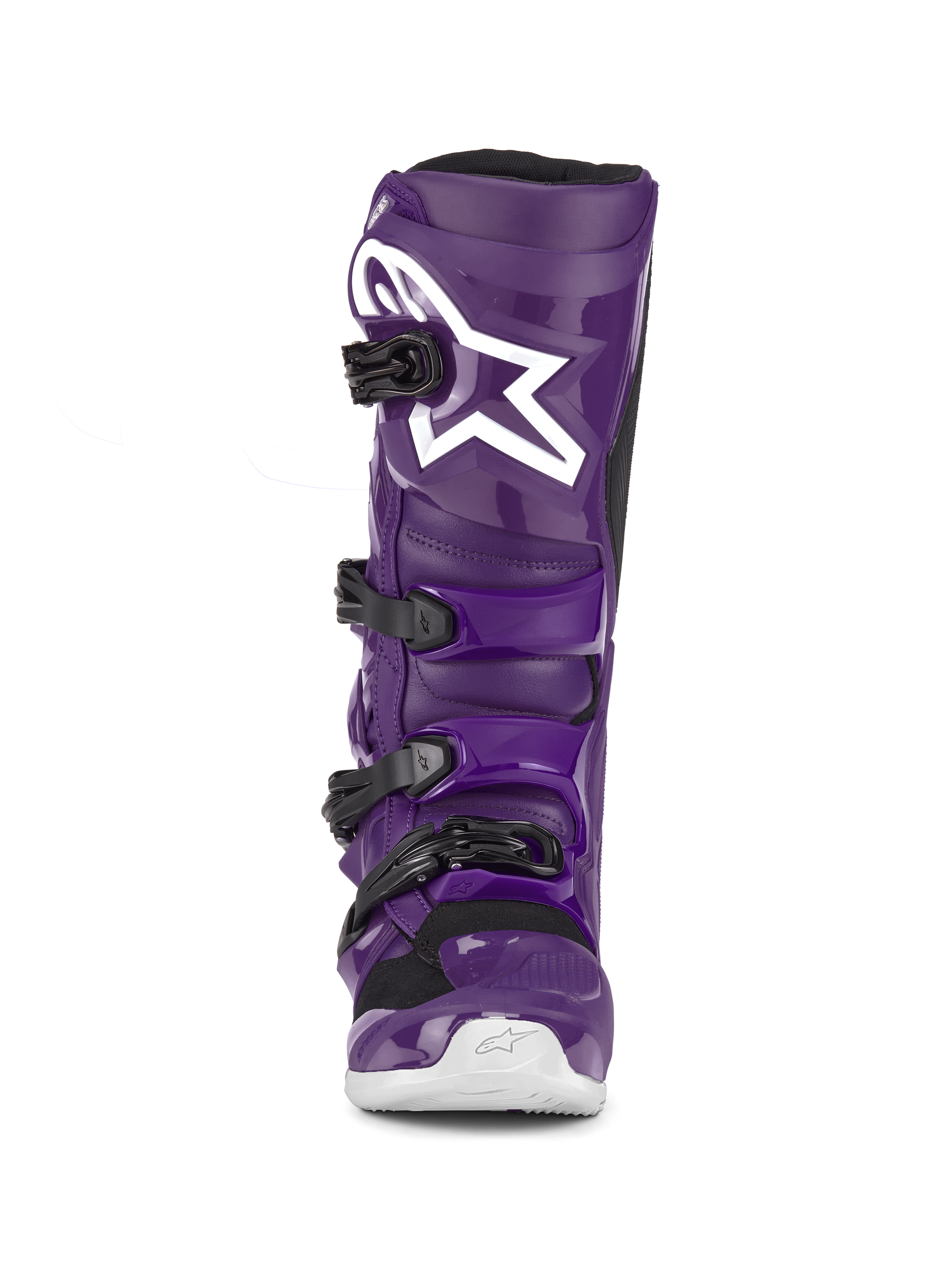 Alpinestars Tech 7 Boots, Purple Motocross Boots, front view, featuring four black buckles, white Alpinestars logo on the shin plate, durable TPU shell and synthetic construction for off-road protection