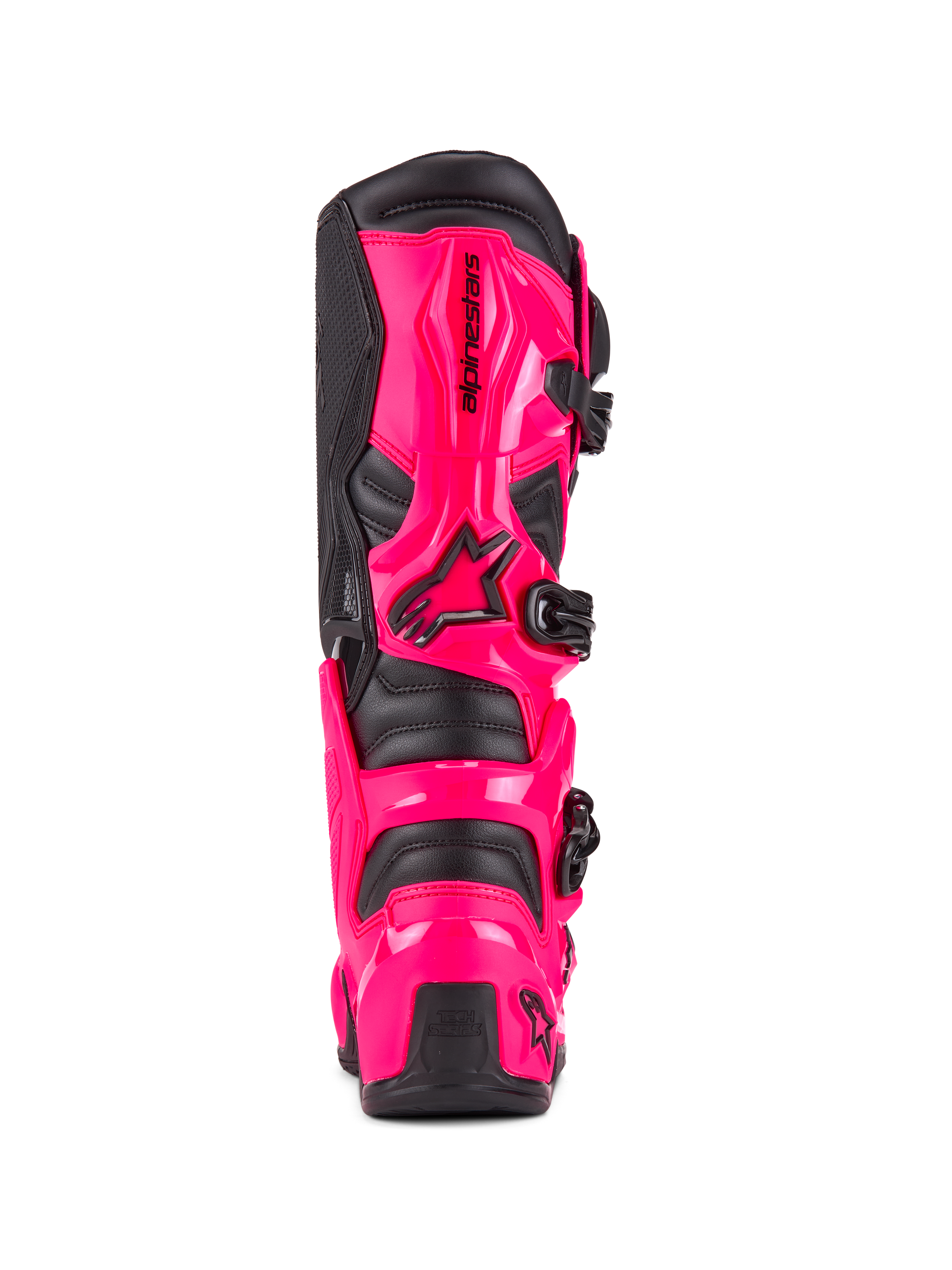 Alpinestars Tech 7 Boots, Motocross Boots, Diva Pink and Black, rear view showing high-impact TPU heel and calf protection, black buckle system, durable construction for off-road riding