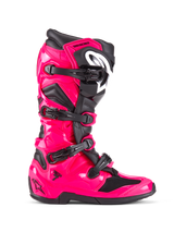 Alpinestars Tech 7 Boots, Motocross Off-Road Boots, Diva Pink and Black, glossy pink TPU shell with black accents, four adjustable black buckles, reinforced shin guard, professional racing footwear