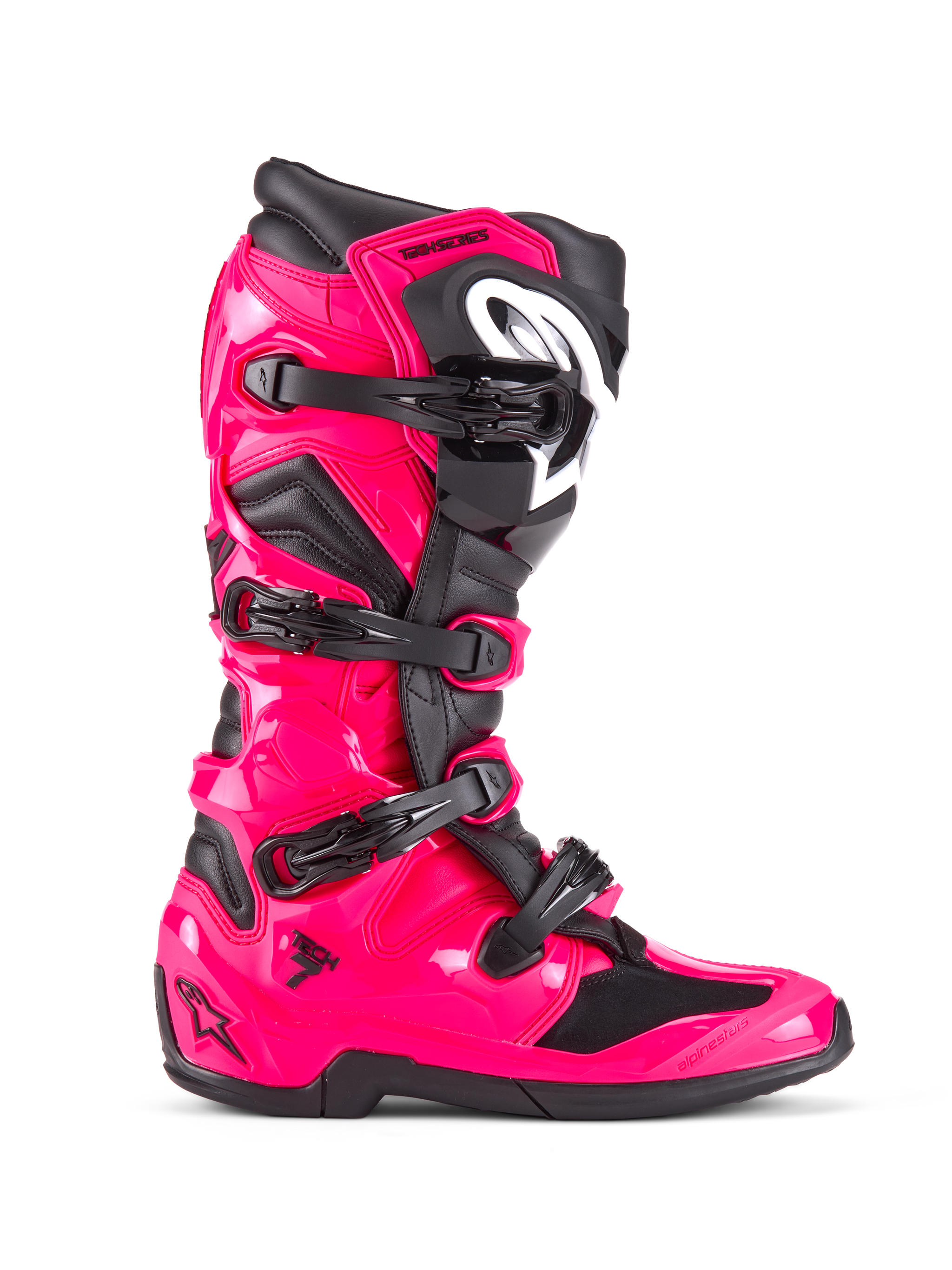 Alpinestars Tech 7 Boots, Motocross Off-Road Boots, Diva Pink and Black, glossy pink TPU shell with black accents, four adjustable black buckles, reinforced shin guard, professional racing footwear