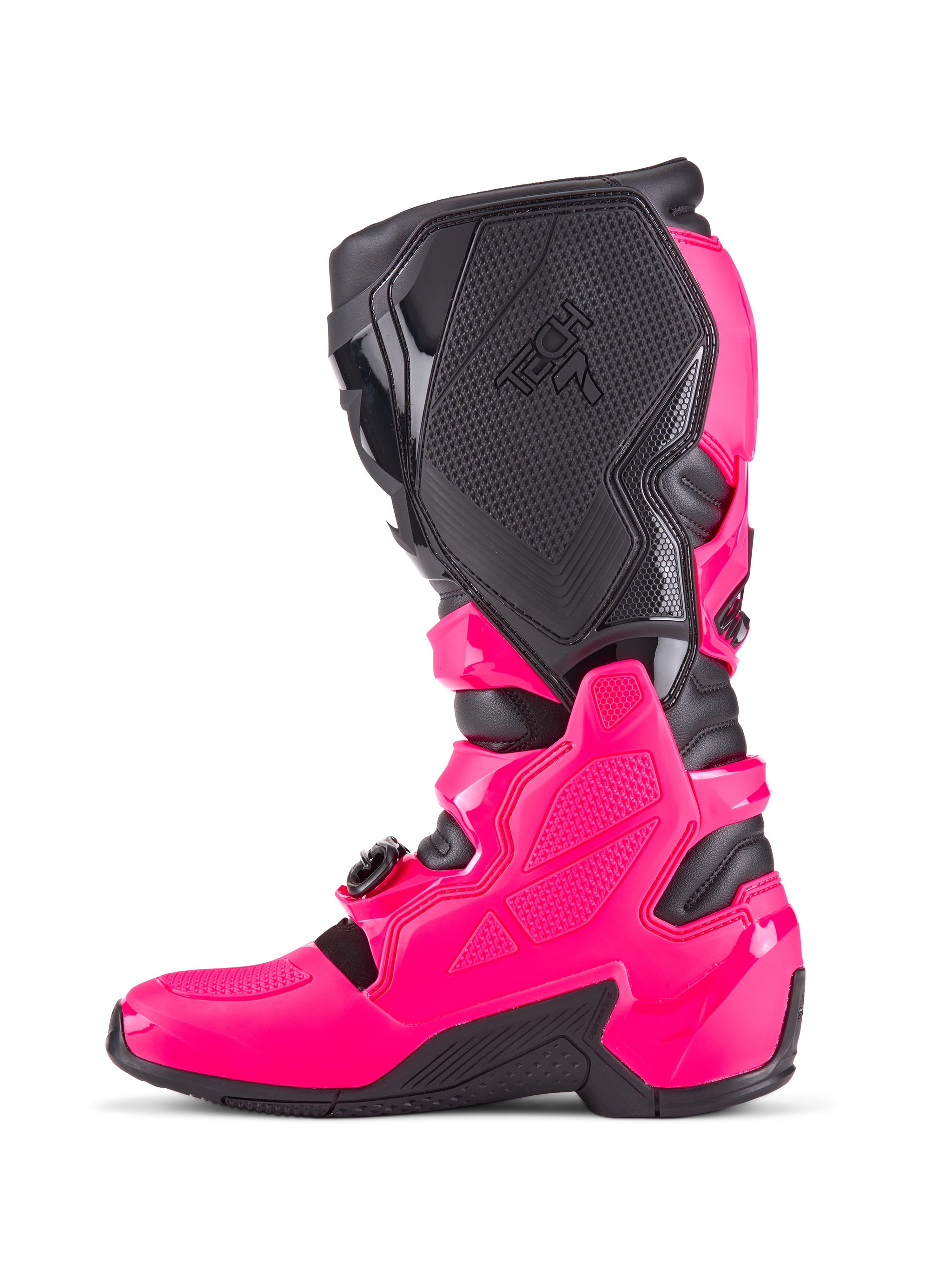 Alpinestars Tech 7 Motocross Boots, Diva Pink and Black, side profile featuring protective TPU shell, textured medial grip panels with Tech 7 branding, and rugged black sole, high-performance off-road racing footwear