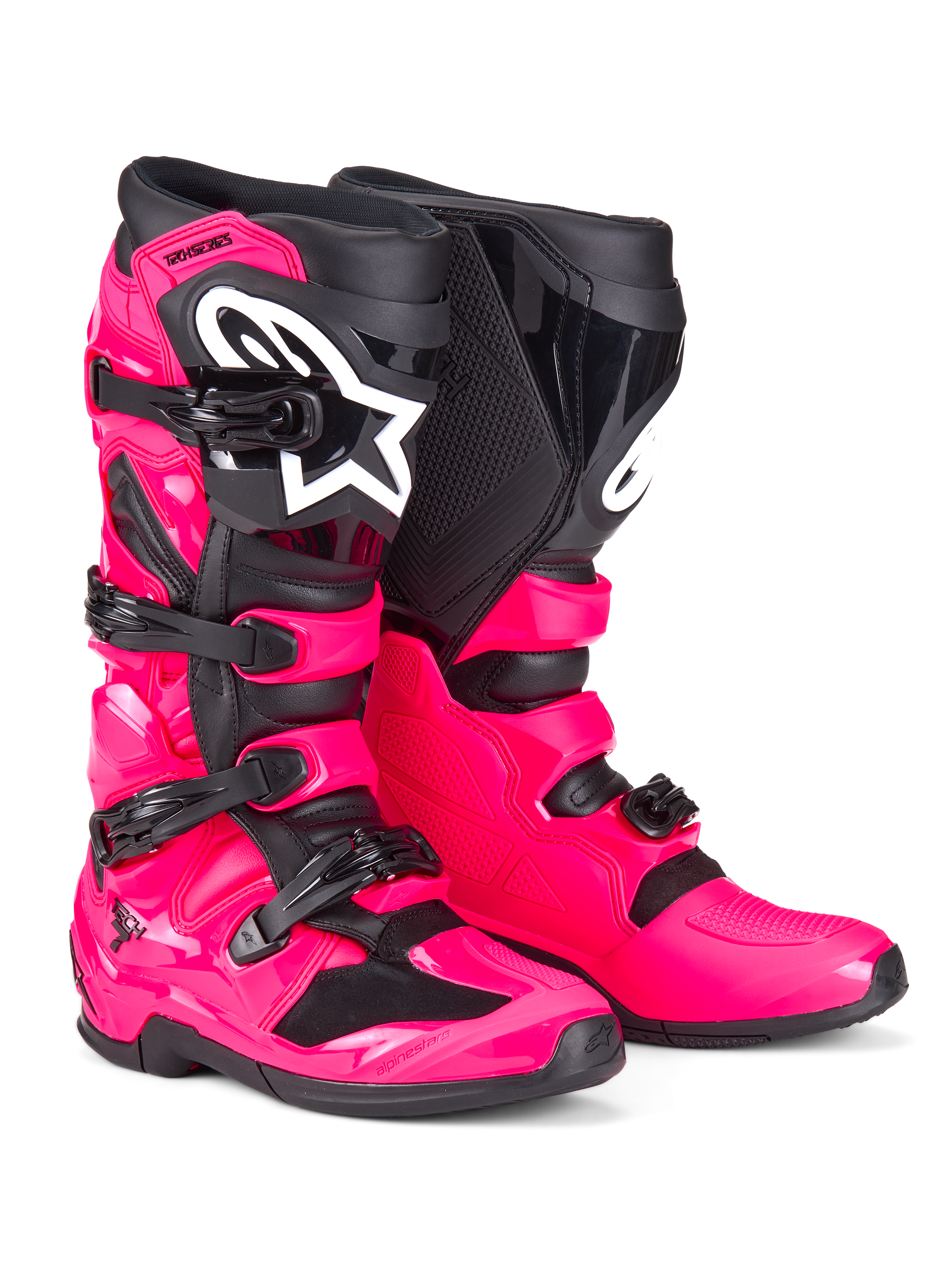 Alpinestars Tech 7 Boots, Motocross Boots, Diva Pink and Black, featuring a rugged TPU shell, four-buckle closure system, and prominent white Alpinestars logo, high-performance off-road footwear